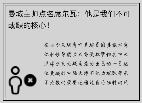 曼城主帅点名席尔瓦：他是我们不可或缺的核心！